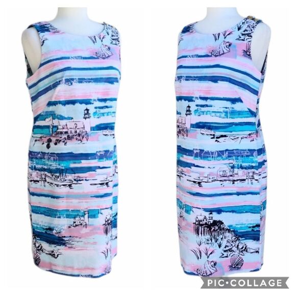 New Artfully Sketched Graphic Design Sheath Dress Size 8 Petite Zip Up Cotton - Picture 7 of 14